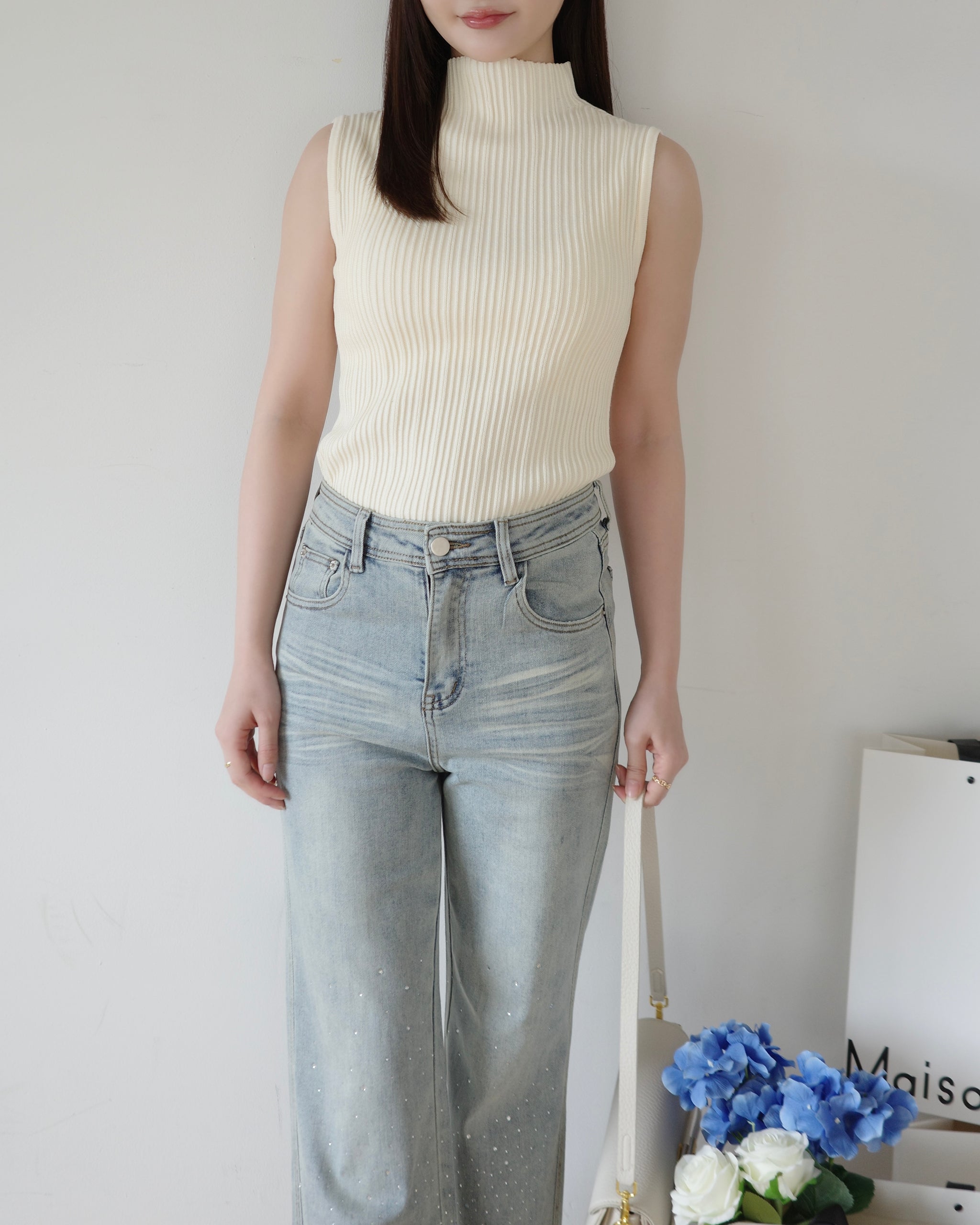 ANDMARY ノースリーブニット F クリーム ノースリーブリブニットトップス – Maison de Lyla