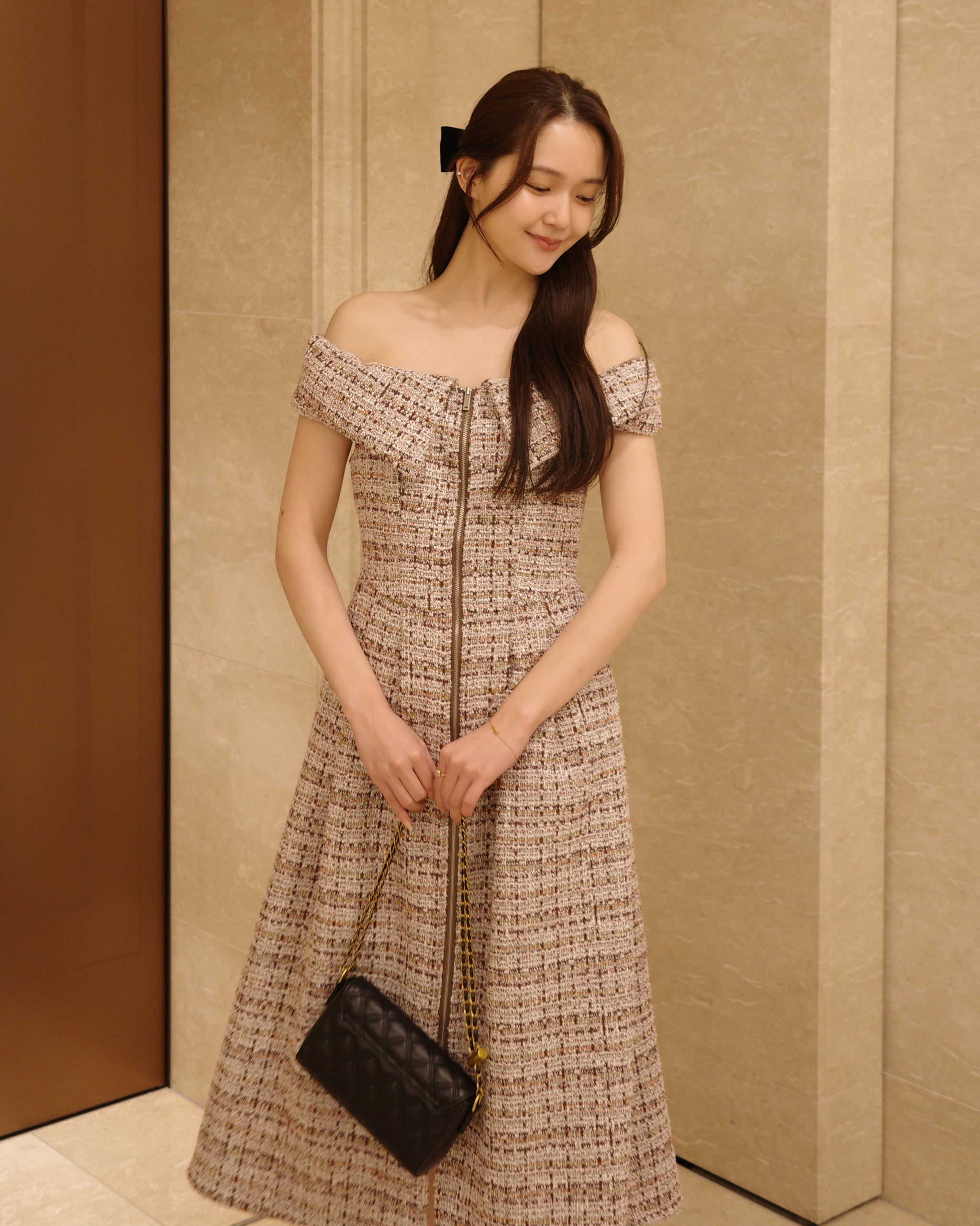 美品✨ツイードワンピース ダブルジップ ビジュー 34 オレンジ系 前