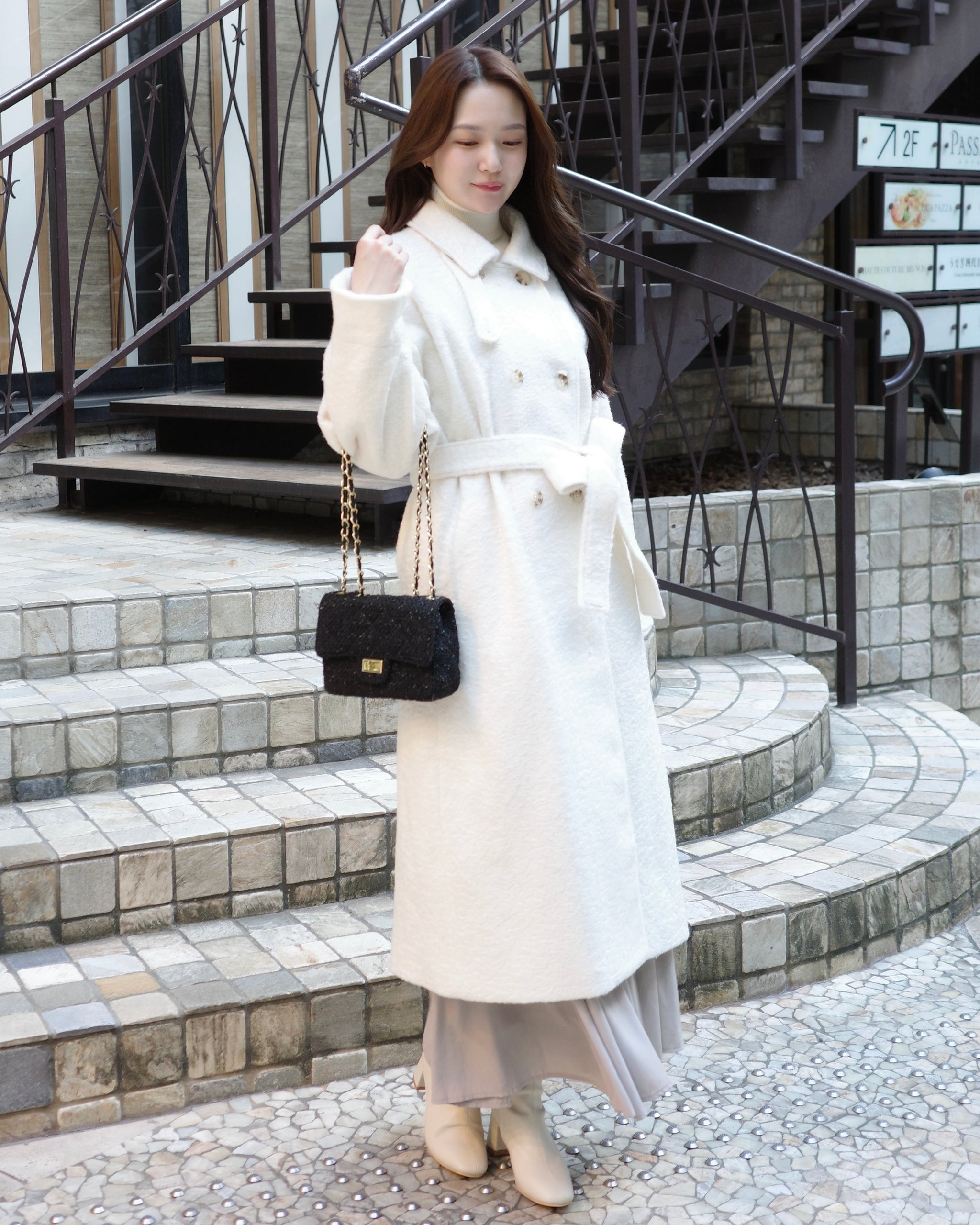 美品✨ババグーリ　ダブルロングコート　ヘンプ　M 貝ボタン　グレー ダブルボタンロングコート – Maison de Lyla