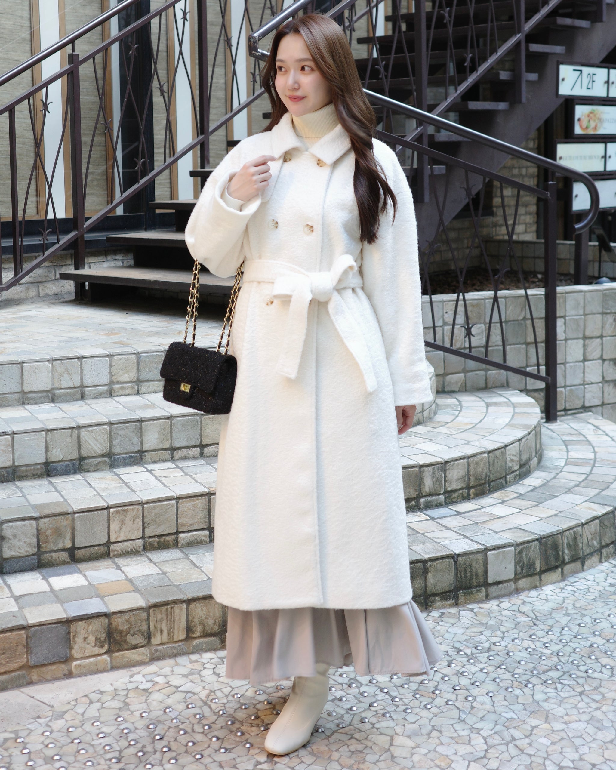 アイボリー　カシミヤ100%　 ダブルボタン ロングコート ダブルボタンロングコート – Maison de Lyla