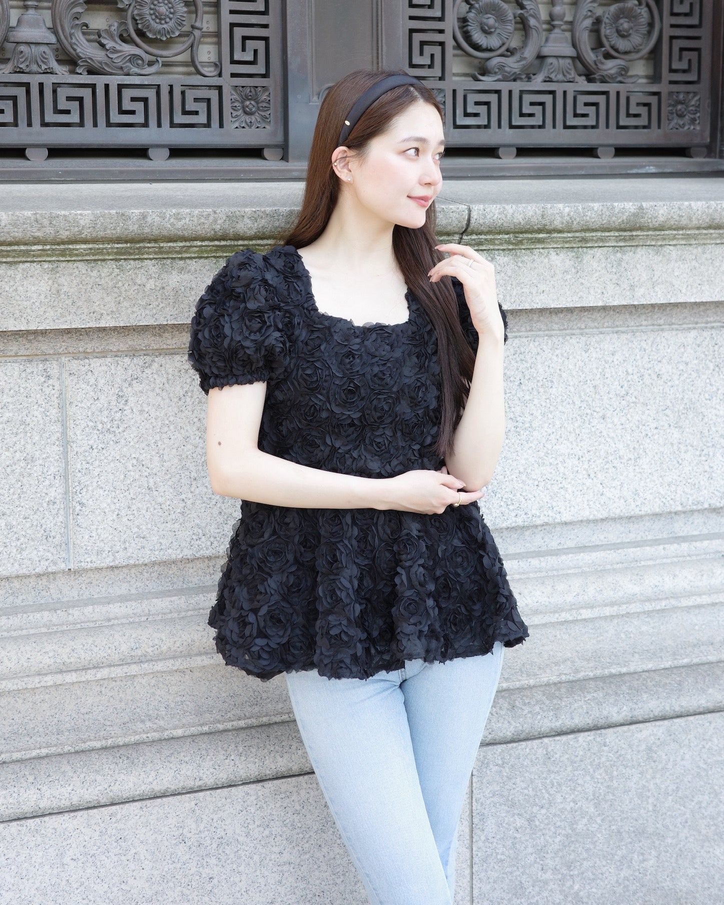 ELLIE】フラワーチュールトップス ブラック
