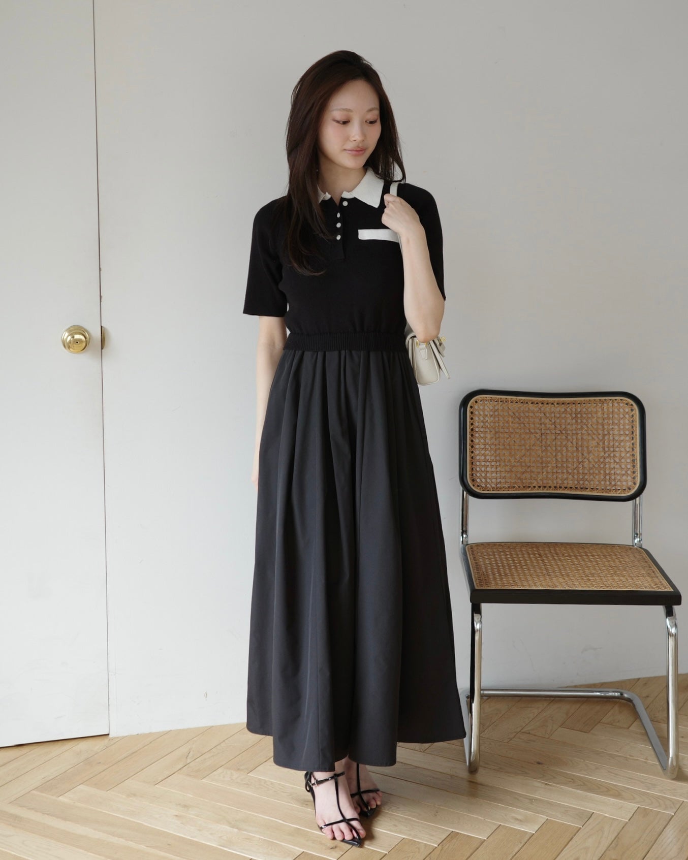 美品！ランバンスポール38ニットとナイロンのドッキングワンピース 黒 ポロニットドッキングワンピース – Maison de Lyla